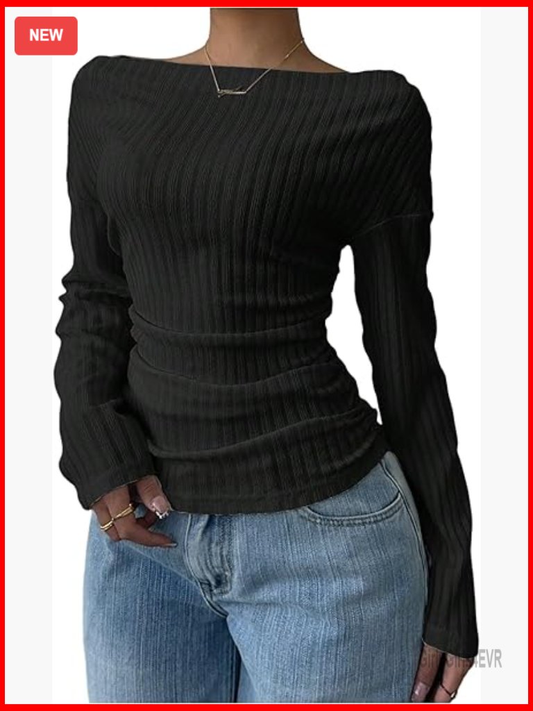 Boat Neck Long Sleeve Ruched Fitted Ribbed Knit Top T-Shirt
